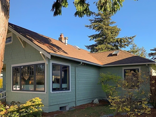 a large tree sits in front of a craftsman home with black casement windows