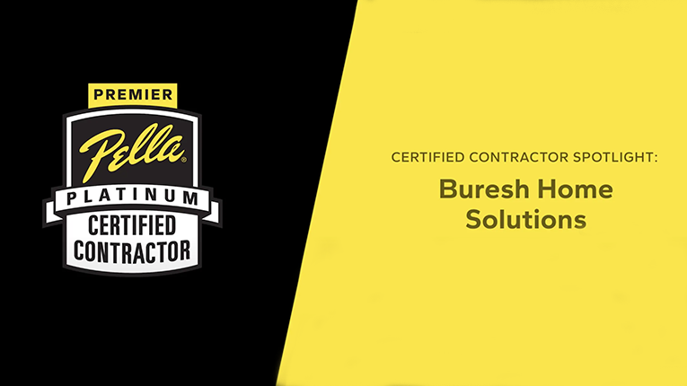 Pella Platinum Certified Contractor badge and Buresh Home Solutions spotlight on a black and yellow background, related to testimony.