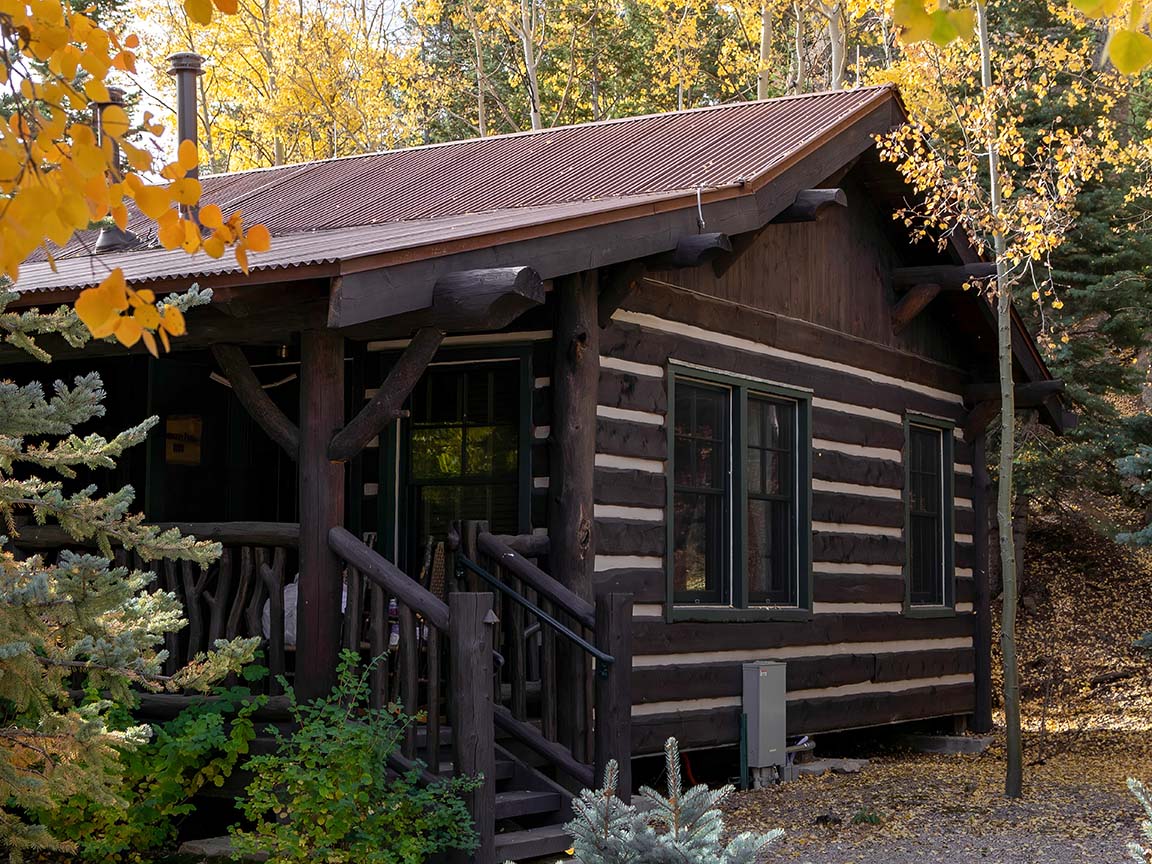 A rustic log cabin with large cabin windows surrounded by autumn trees and fallen leaves in a forest setting.