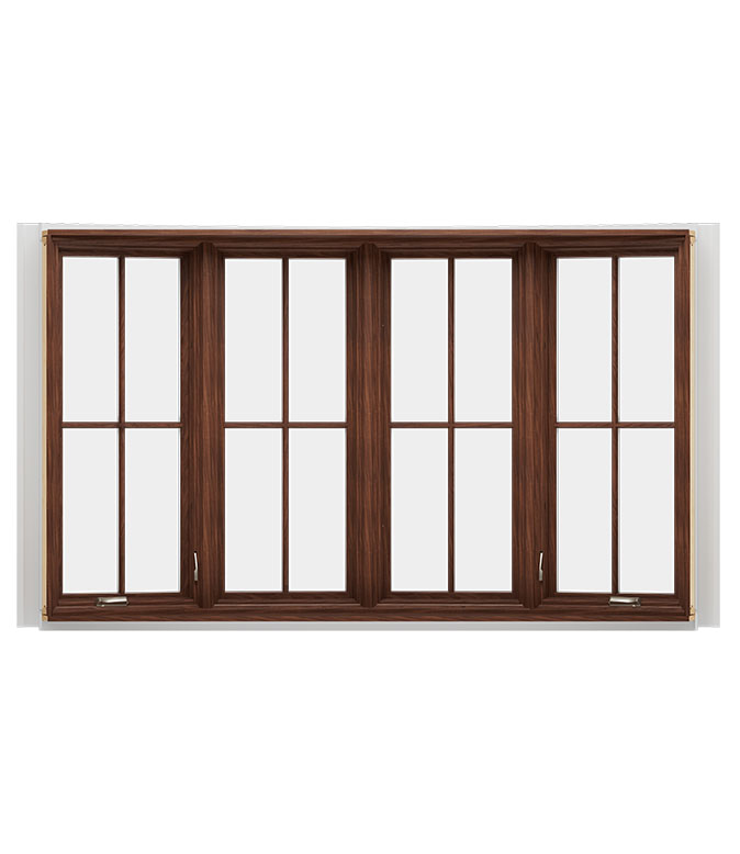 A brown wooden bay window with four panes, showcasing a classic design.
