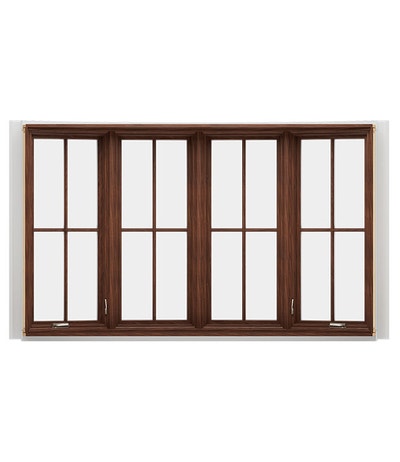 A brown wooden bay window with four panes, showcasing a classic design.