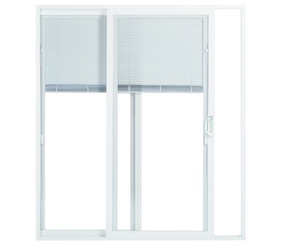 Large white encompass by pella sliding patio door with blinds between-the-glass