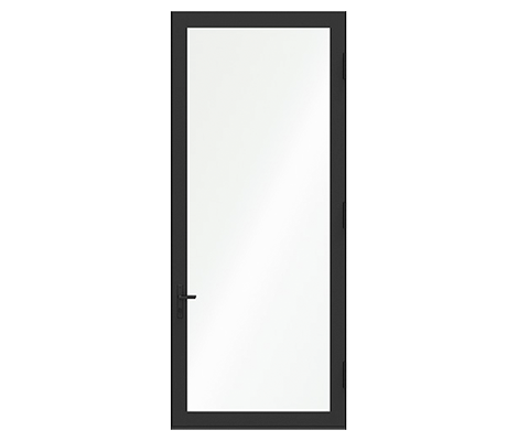 A tall black hinged door with a black handle and all the background is removed.