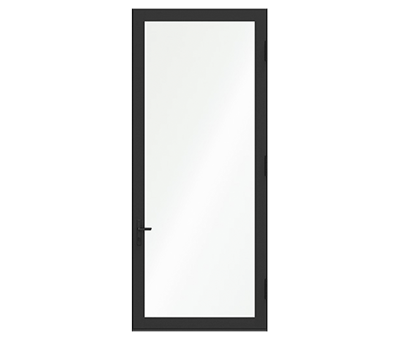 A tall black hinged door with a black handle and all the background is removed.