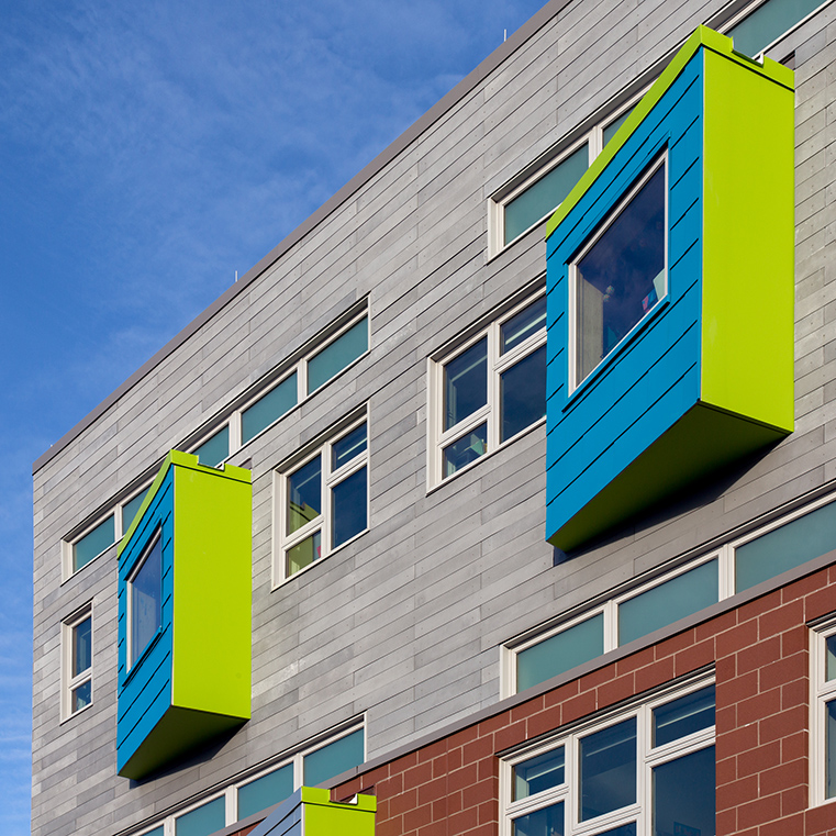 Colorful exterior school windows.
