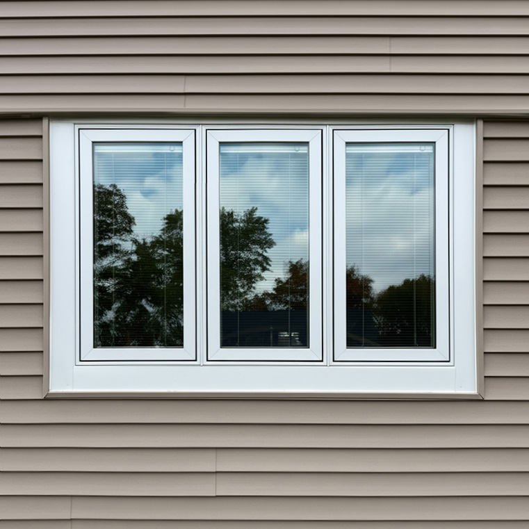 Three-panel white casement window installed on a home exterior with beige vinyl siding.