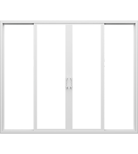 a white vinyl french sliding patio door consisting of four panels.