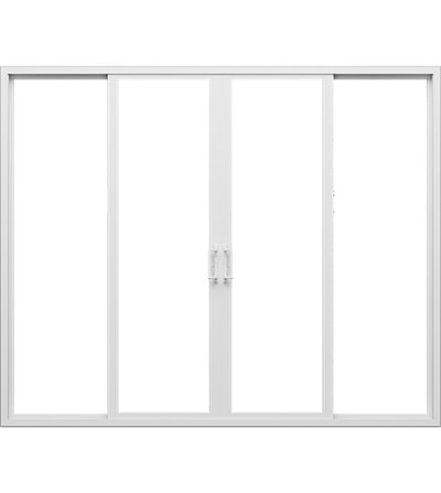 a white vinyl french sliding patio door consisting of four panels.