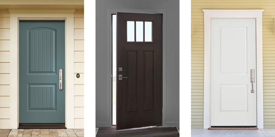 Three Colors - blue, white, and brown- and styles of front entry door options