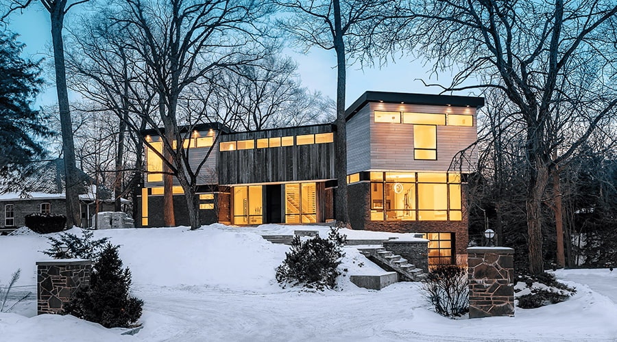 The exterior of a Boston-area home in the winter