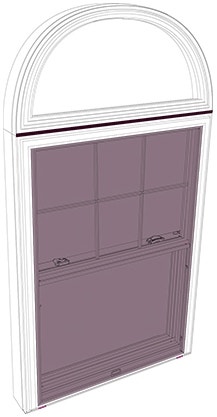 Illustration of the exterior of a double-hung window with a circlehead transom to show parts of a window