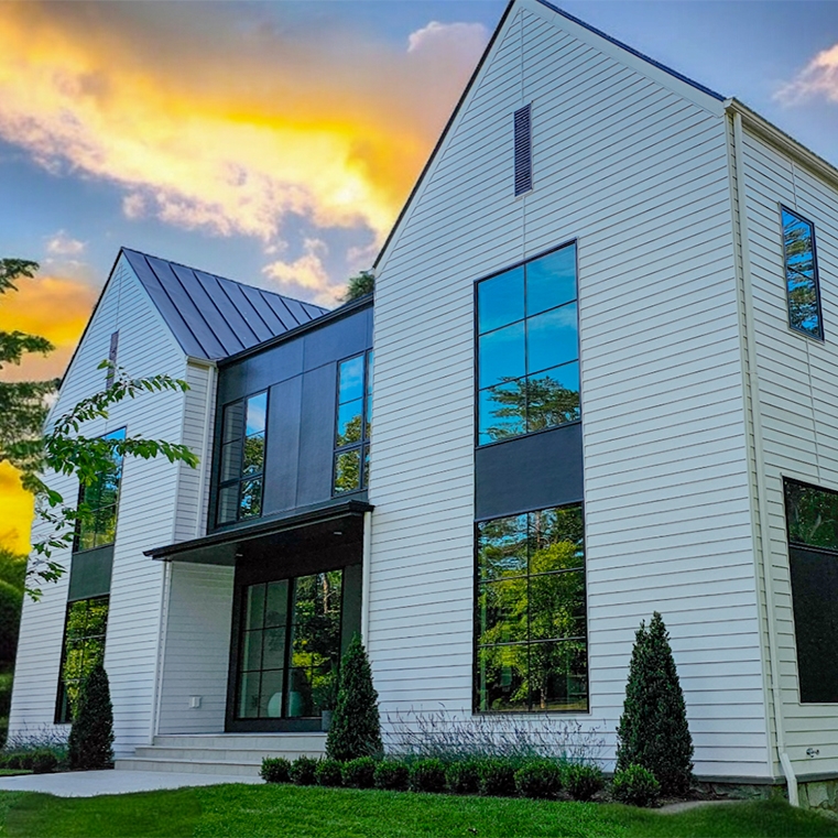 Exterior view of Charlottesville new construction home front elevation.