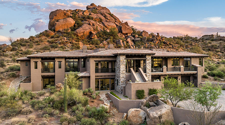 Outside view of Scottsdale home in the desert with newly installed multi-slide windows and doors.
