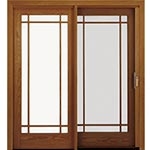 Stores out of sight traditional wood sliding patio door with screen over the panel