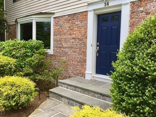 Navy blue front door with white trim has large green bushes on either side