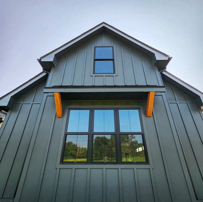 Closeup of black farmhouse windows on Charlottesville home.
