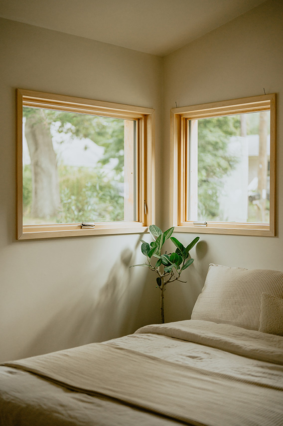 Energy efficient windows with wood frames in a cozy bedroom with neutral bedding and a potted plant.