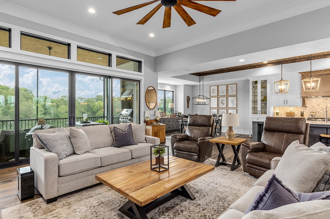 Living room of modern farmhouse in Kansas City with black patio door.