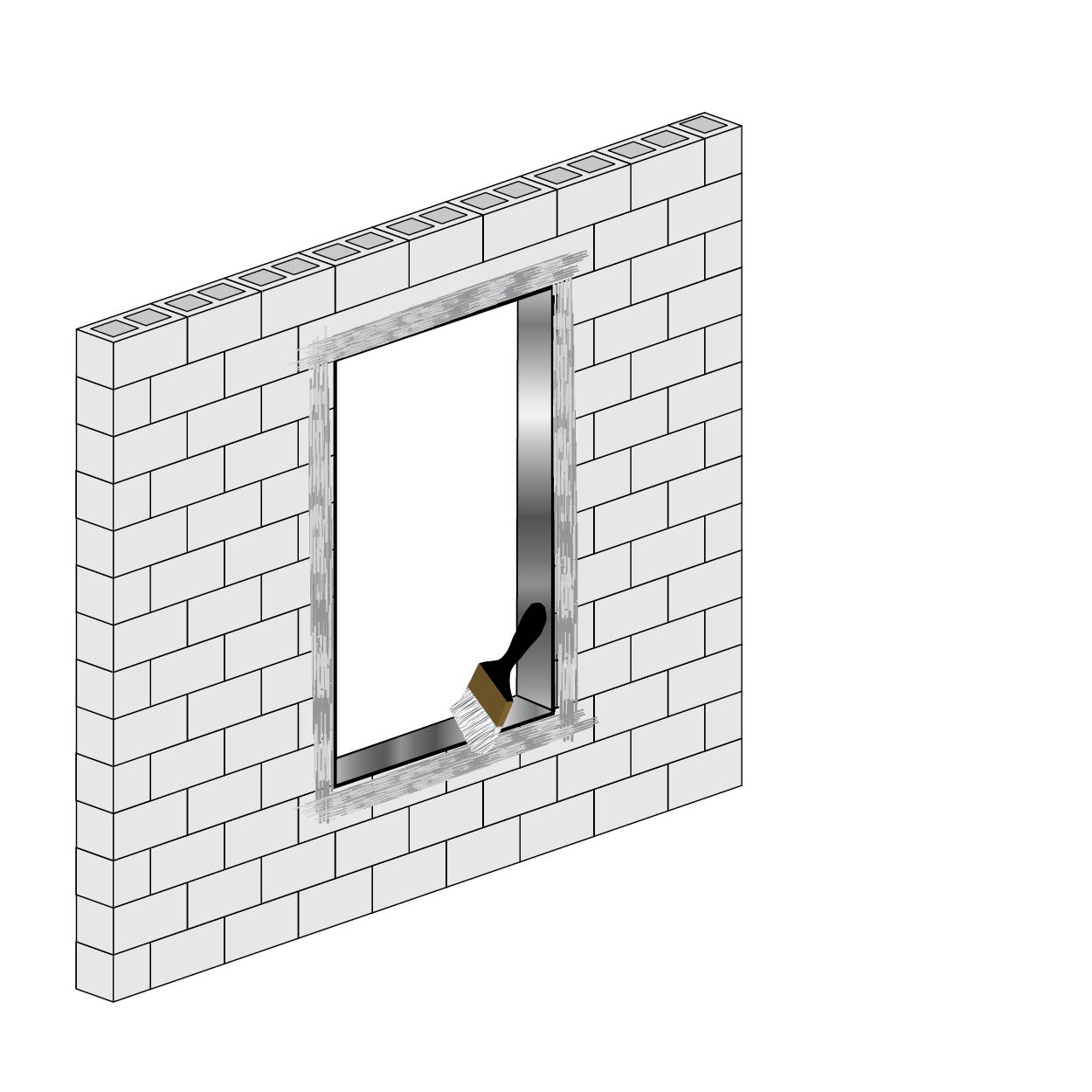 A graphic showing how to install a new window with the SteadySet installation system into a masonry wall, step 1