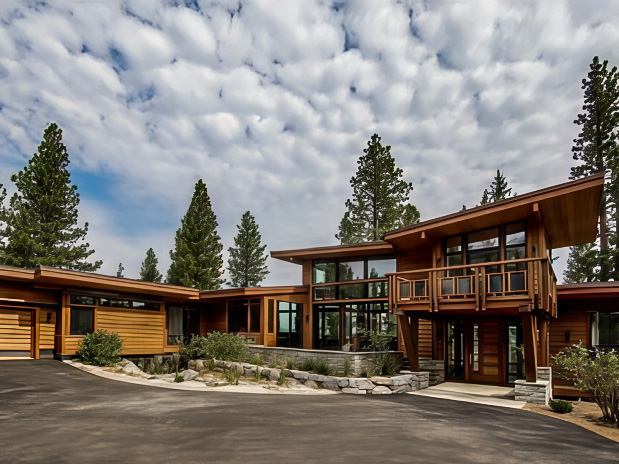 Wood mountain home with black windows surrounded by evergreen trees