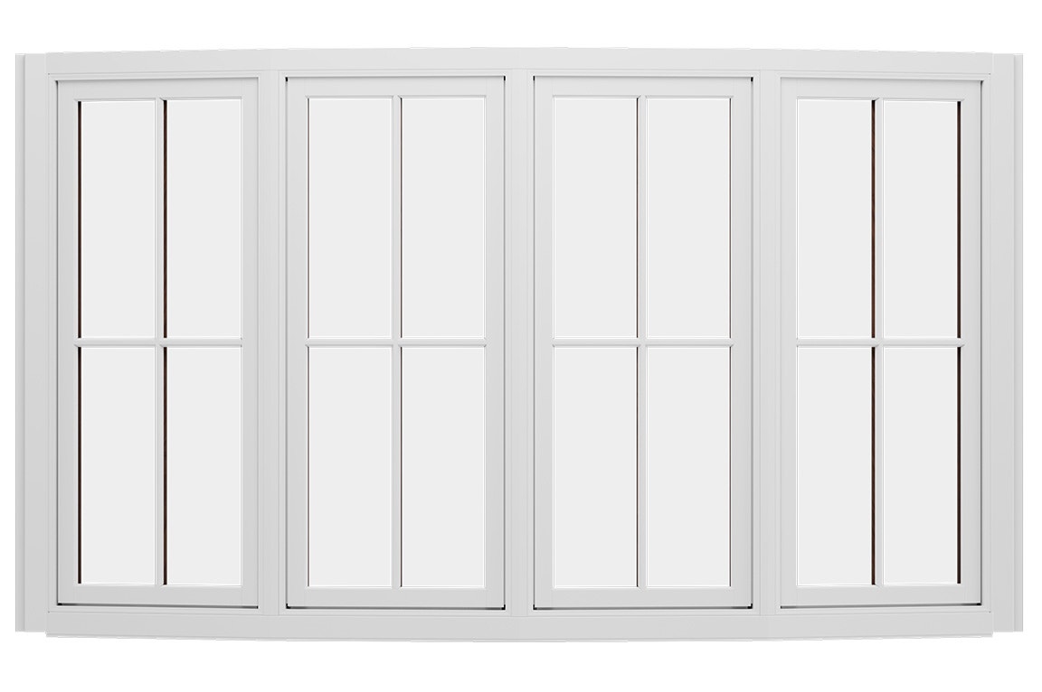 A set of white bow windows featuring multiple panes, showcasing a modern design.