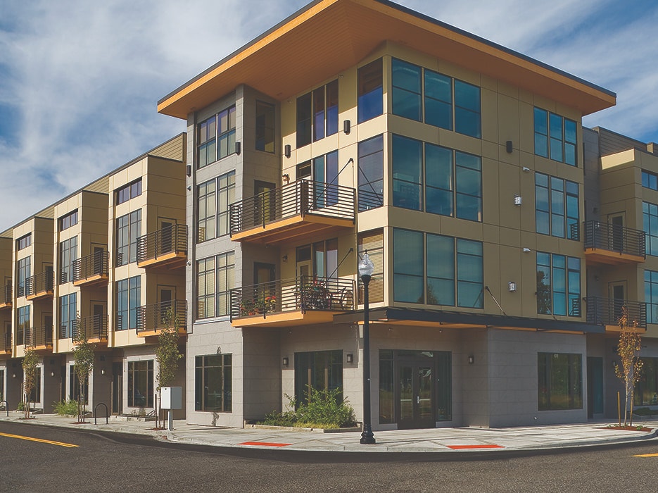 four-story contemporary apartment with pella windows