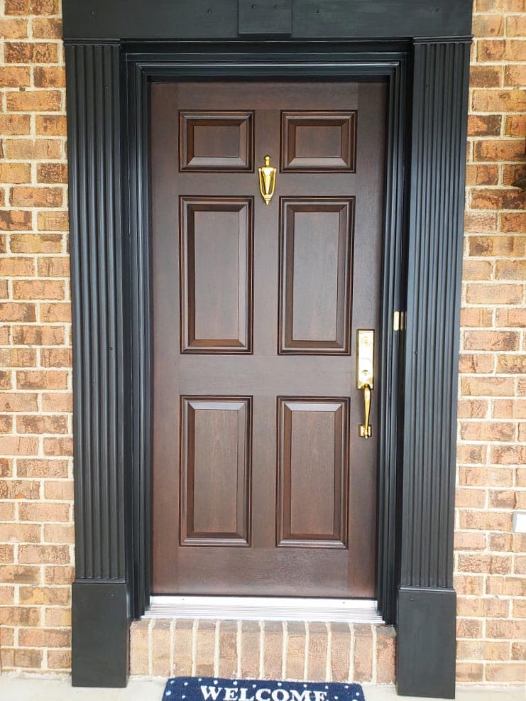 Brown Front Door Paired With Brass Hardware & Black Trim | Pella