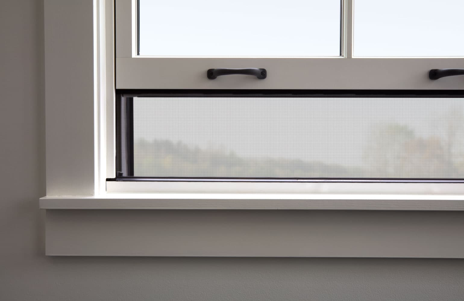 close shot of a double-hung window with integrated rolscreen