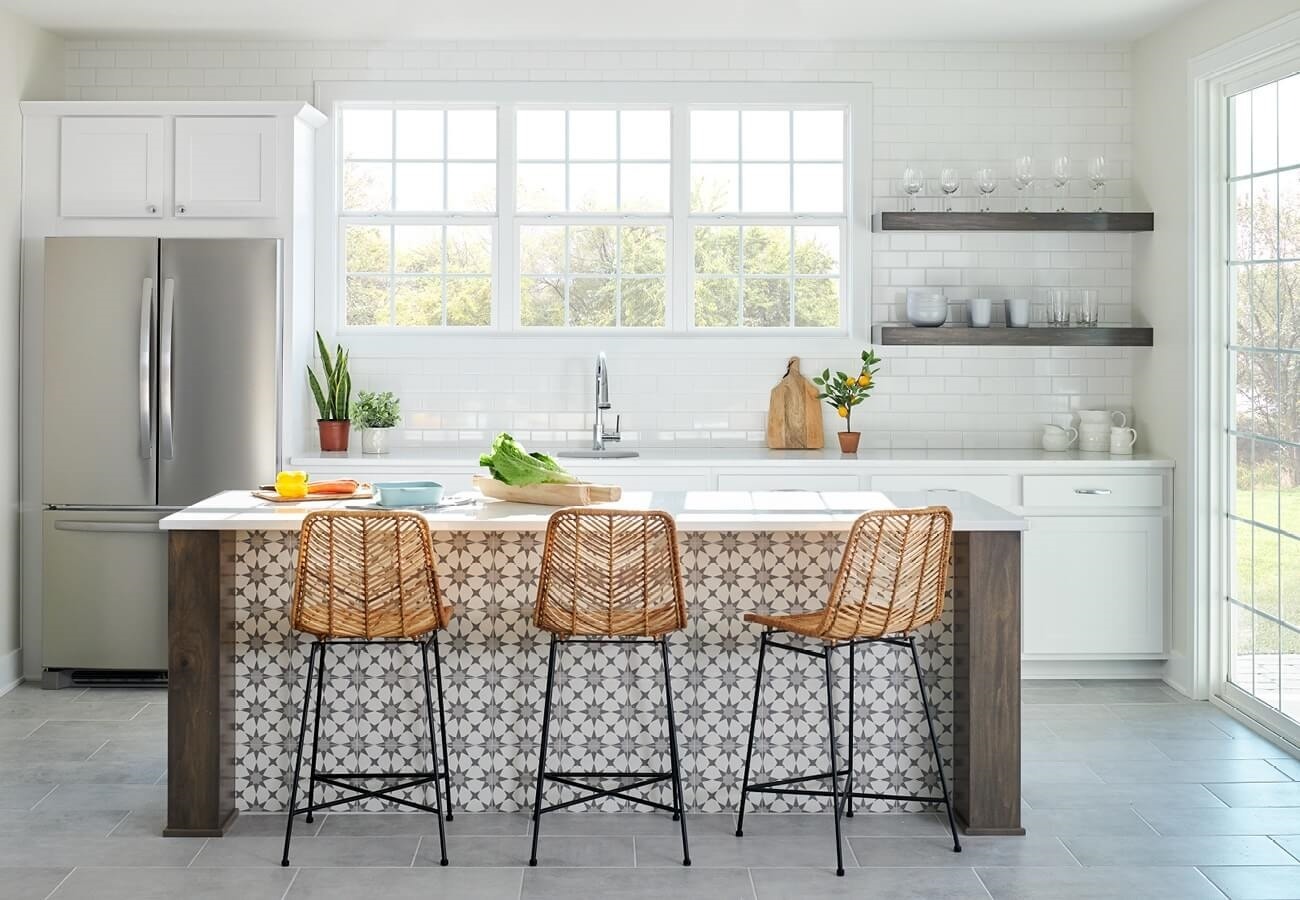 Row of single-hung windows over farmhouse kitchen sink