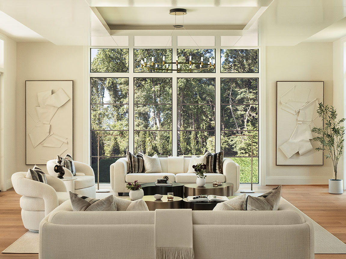 Living room of Vienna home showcasing floor-to-ceiling windows.