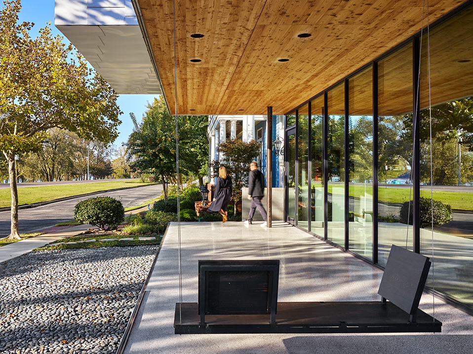 Wood windows complementing wooden beams on modern home in Memphis