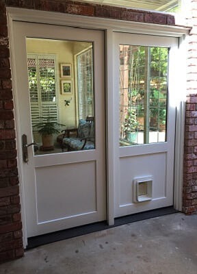 Single hinged door with a fixed door to the right that includes a small doggy door
