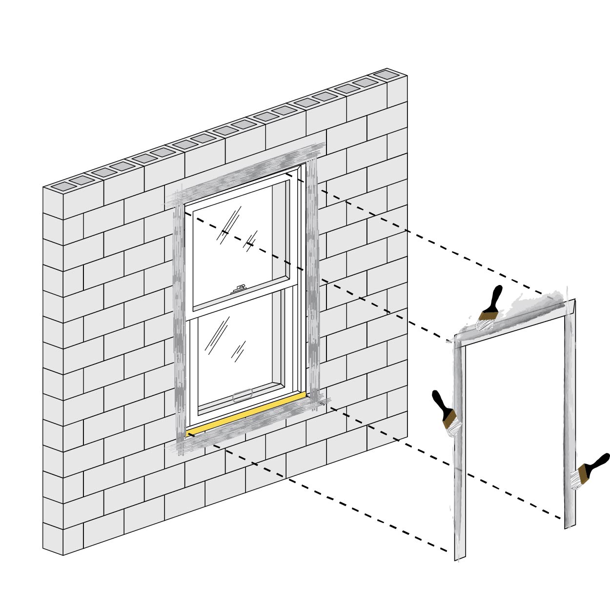 A graphic demonstrating how to install the frame around a new window on a wall with masonry construction.