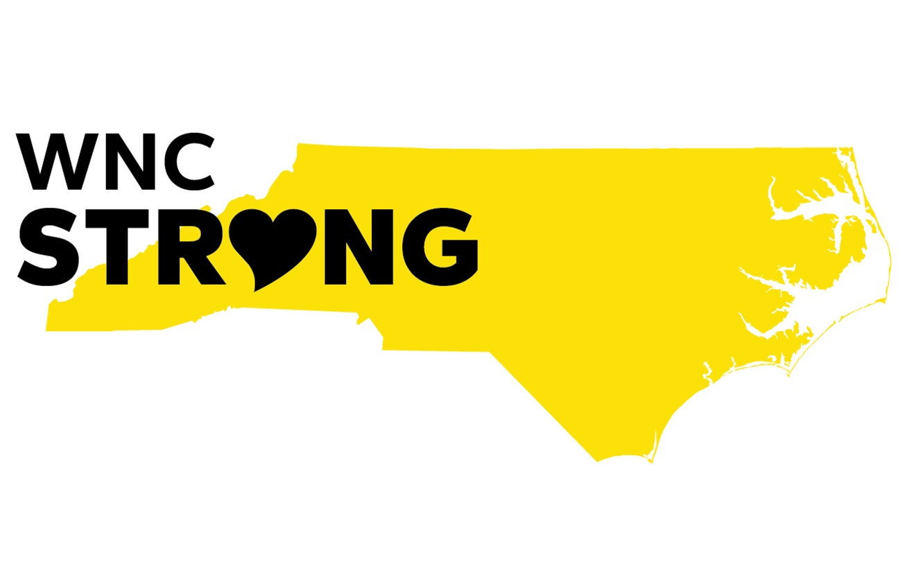 A yellow outline of North Carolina with the text 'WNC STRONG', representing state graphic.