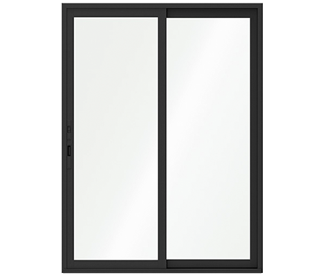 An aluminum black sliding patio door with no background