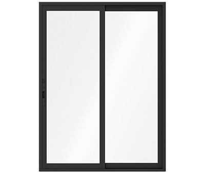 An aluminum black sliding patio door with no background