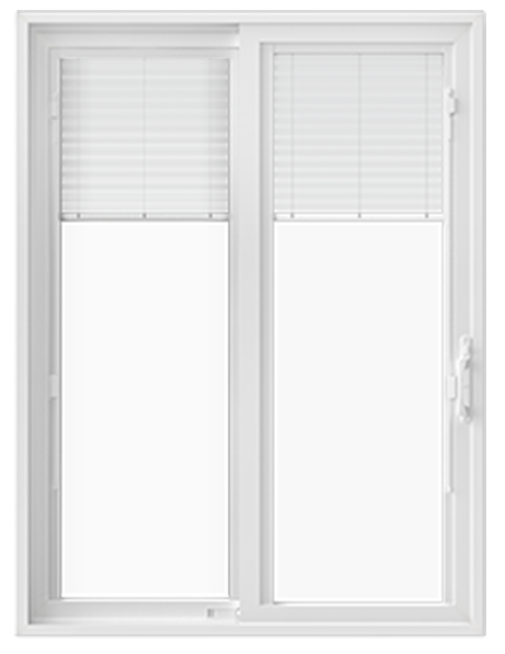 A white vinyl sliding patio door with white blinds between-the-glass