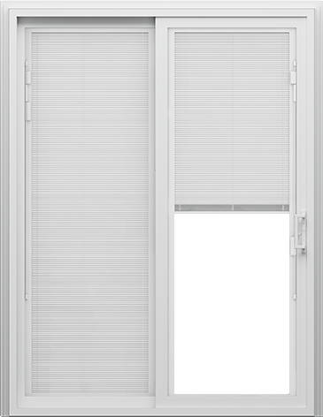 A white vinyl sliding patio door with white blinds between-the-glass