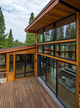Wood mountain home with black windows and a black multi-slide patio door
