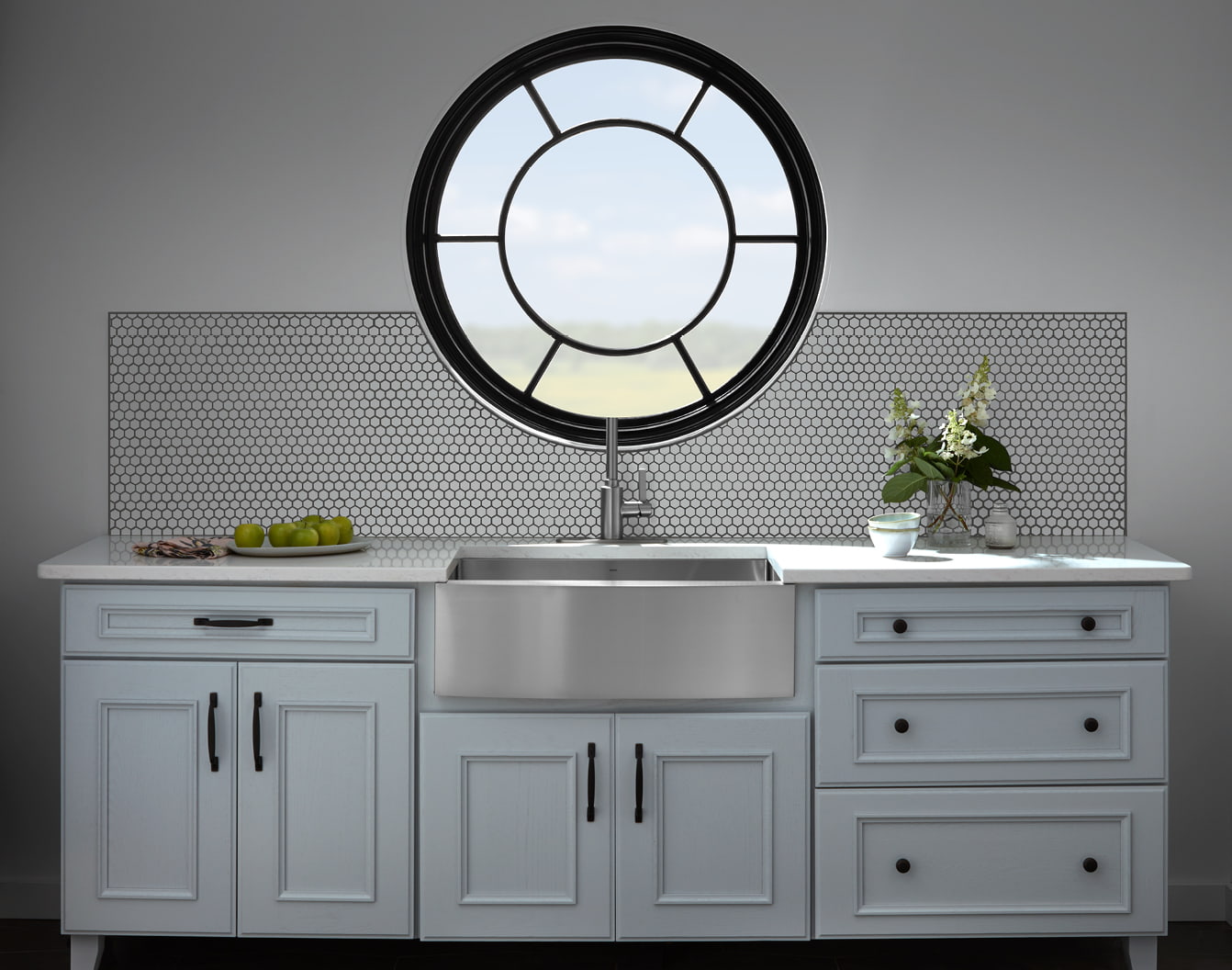 custom circle window over a kitchen sink