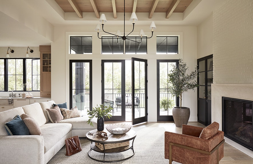 two-panel contemporary hinged door tan living room