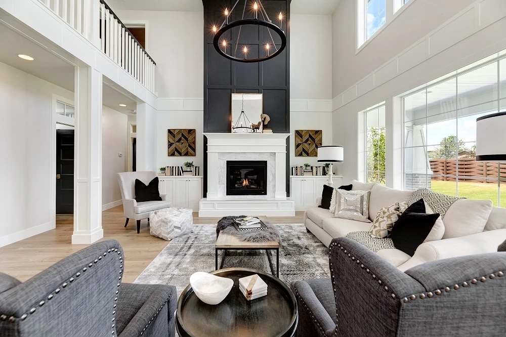Interior view of a Meridian home grand room with Pella sliding windows.