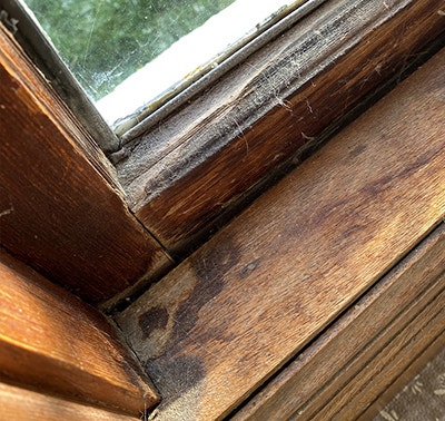 the corner section of a window with rotten wood