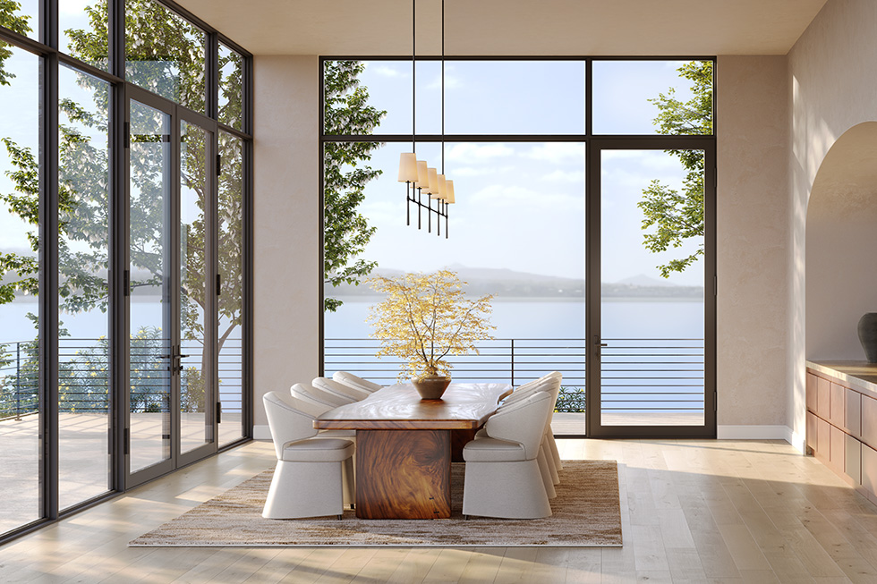 Floor-to-ceiling aluminum windows and doors bringing the lakeview in surround a modern dining room