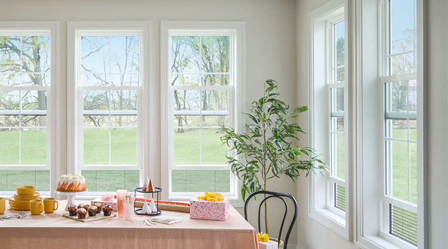 five white windows with Pella's hidden screen around a table with party decorations on it.