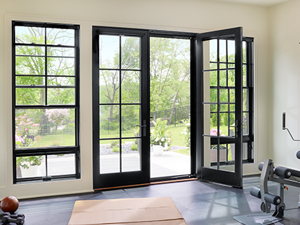 white hinged door and strut awning window with yellow outdoor barstools