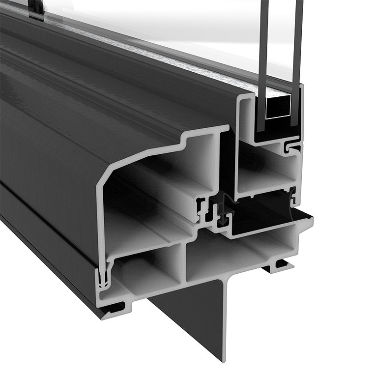 A detailed cross-section of an aluminum frame for bow windows, showcasing its structural components.