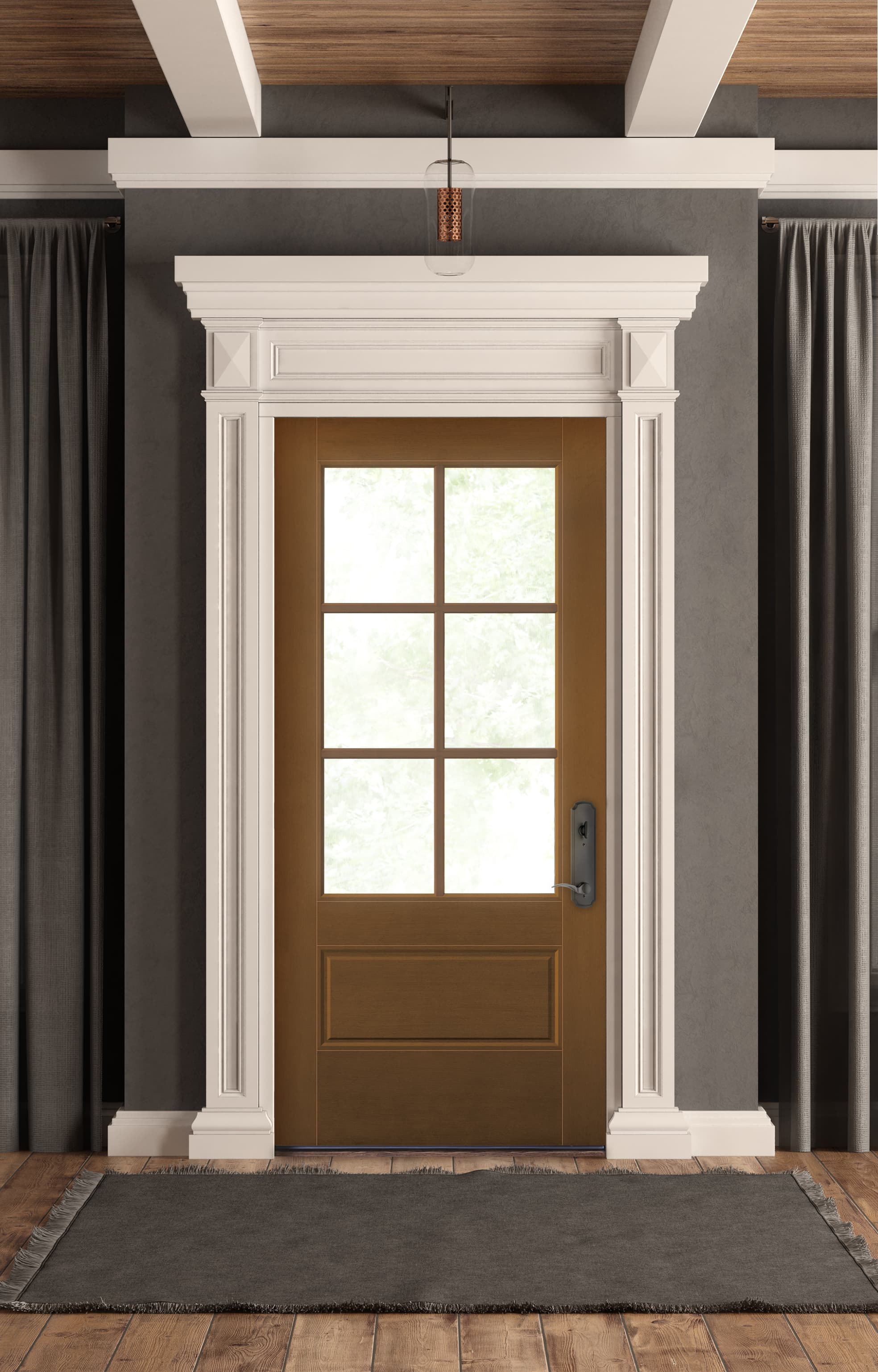 Brown Front Door Surrounded By Decorative Trim Pella