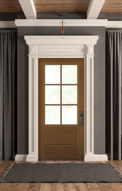 Wood Double Door Provides Warm Contrast To White Entryway
