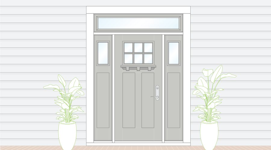 Sketch of gray entry door with transom and sidelights accented by potted plants